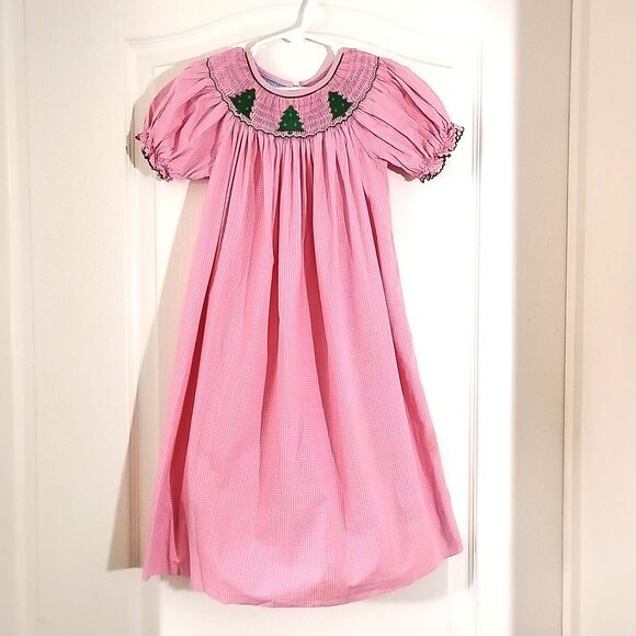 ANAVINA Girls 4T Smock Christmas Dress Pink Short Sleeve Trees Long Modest - Picture 1 of 6
